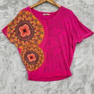 Desigual Junior's 11/12 Pink Art to Wear Floral Short Sleeve Jersey Blouse Tee